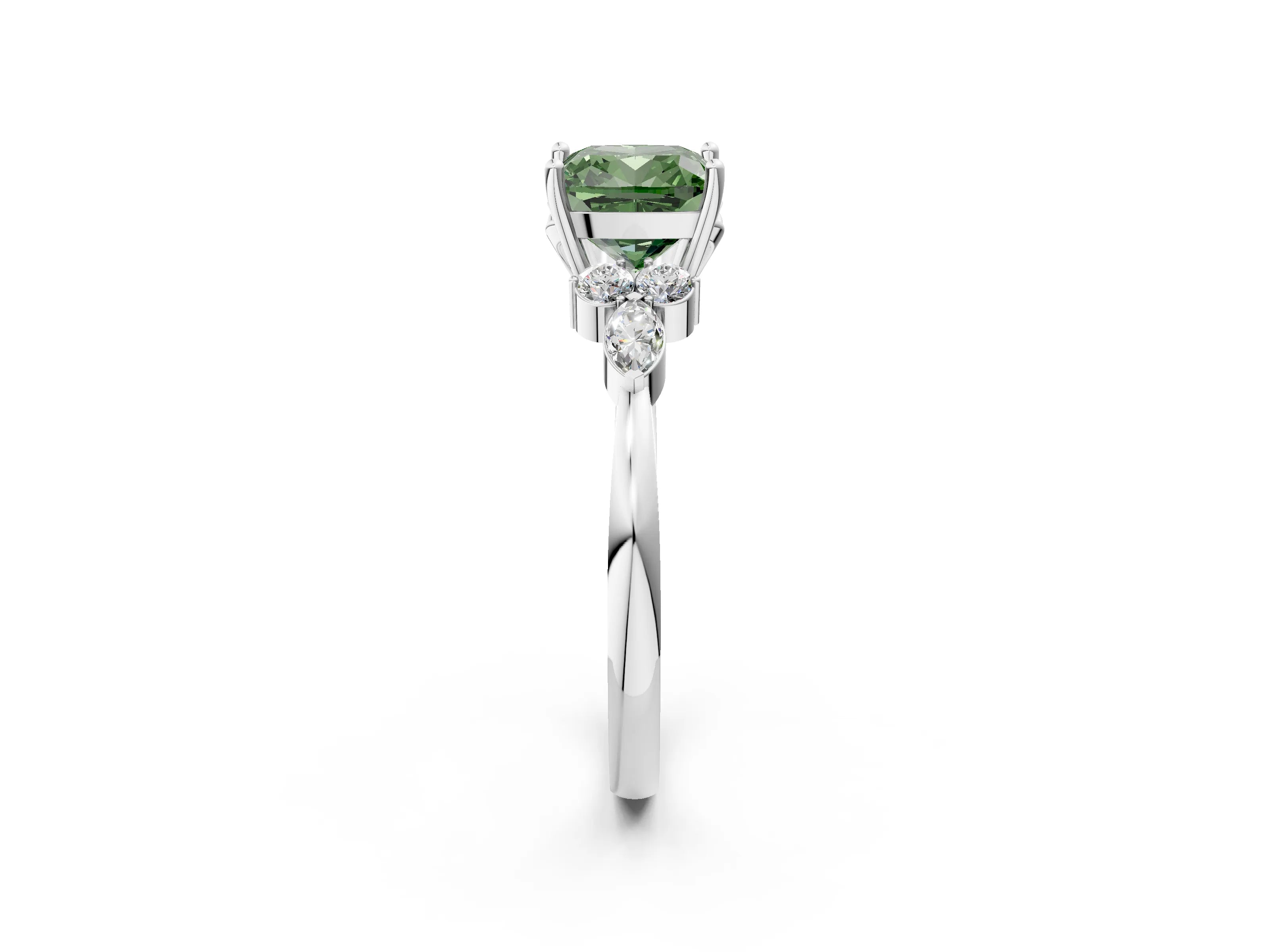 White gold Fancy Green Cushion Cut Brilliant Diamond Solitaire Ring with Pear Side Stones and Four-Prong Setting_8