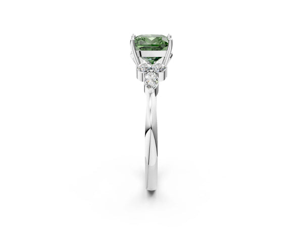 White gold Fancy Green Cushion Cut Brilliant Diamond Solitaire Ring with Pear Side Stones and Four-Prong Setting