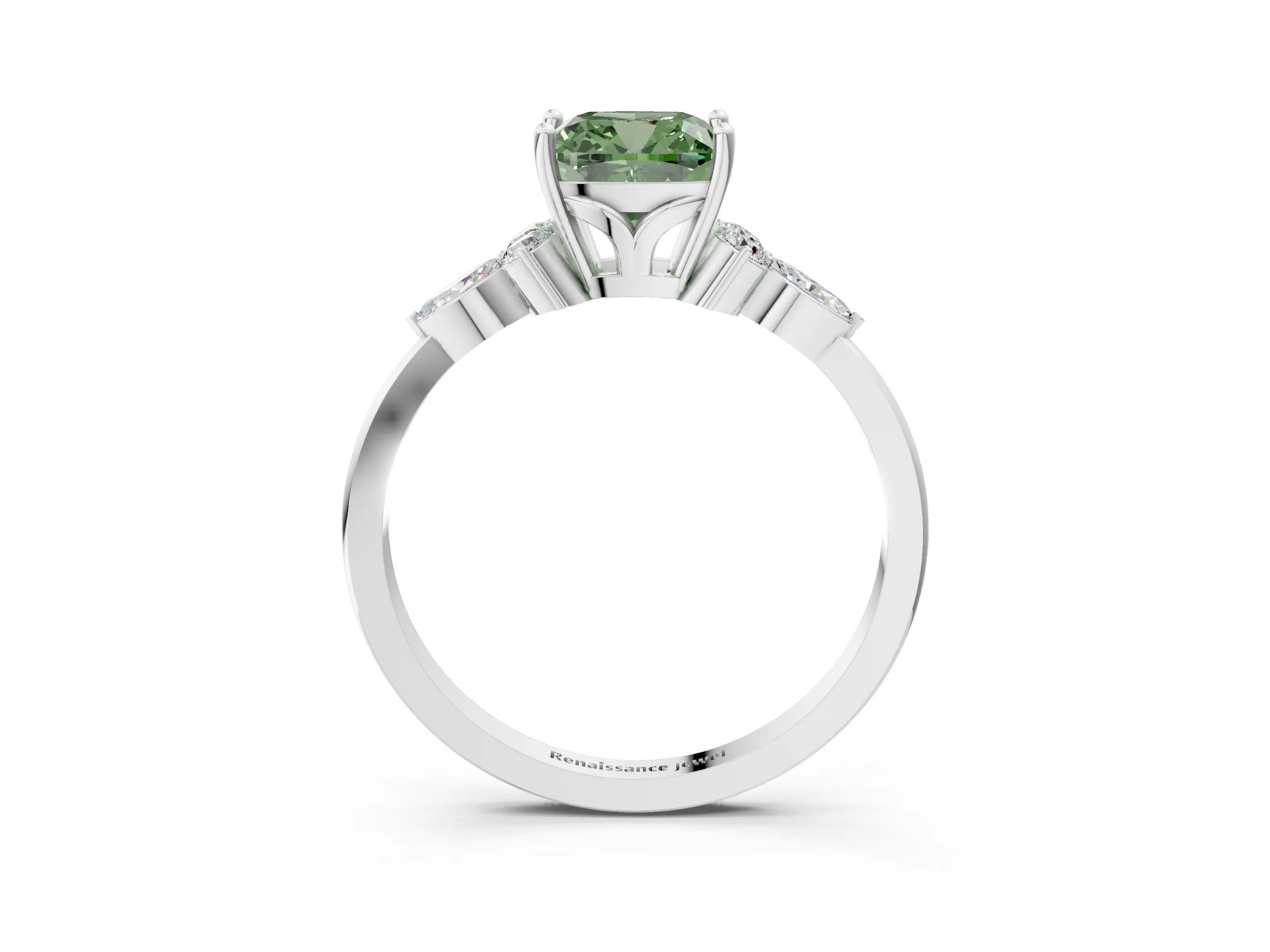 White gold Fancy Green Cushion Cut Brilliant Diamond Solitaire Ring with Pear Side Stones and Four-Prong Setting_9