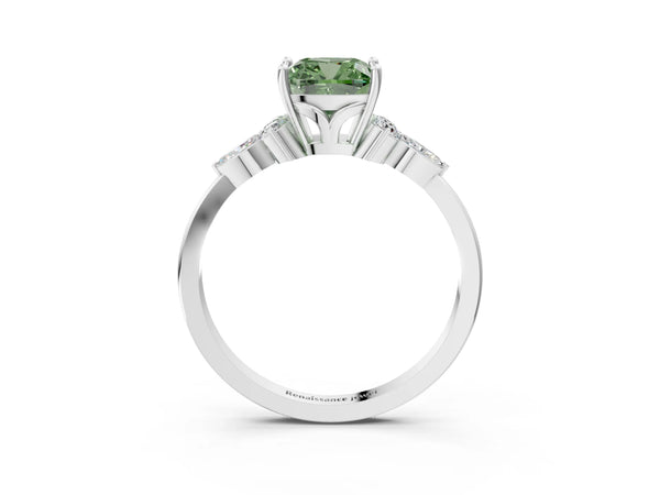 White gold Fancy Green Cushion Cut Brilliant Diamond Solitaire Ring with Pear Side Stones and Four-Prong Setting