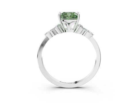 White gold Fancy Green Cushion Cut Brilliant Diamond Solitaire Ring with Pear Side Stones and Four-Prong Setting_9