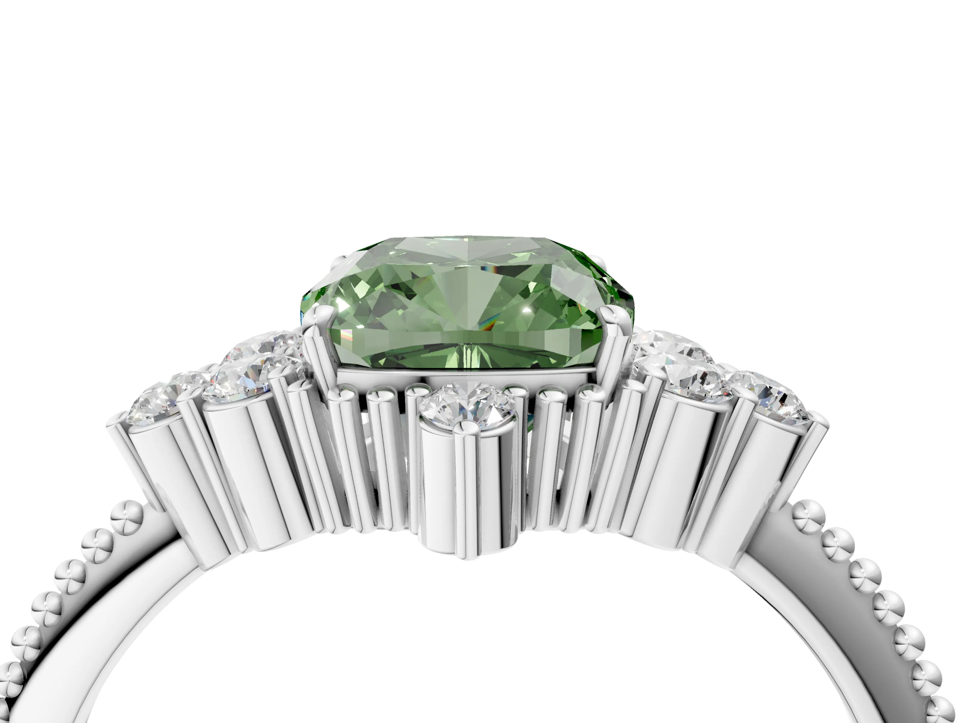 White gold Fancy Green Cushion Cut Brilliant Diamond with Cluster Setting on a Beaded Band and Four-Prong Setting_13