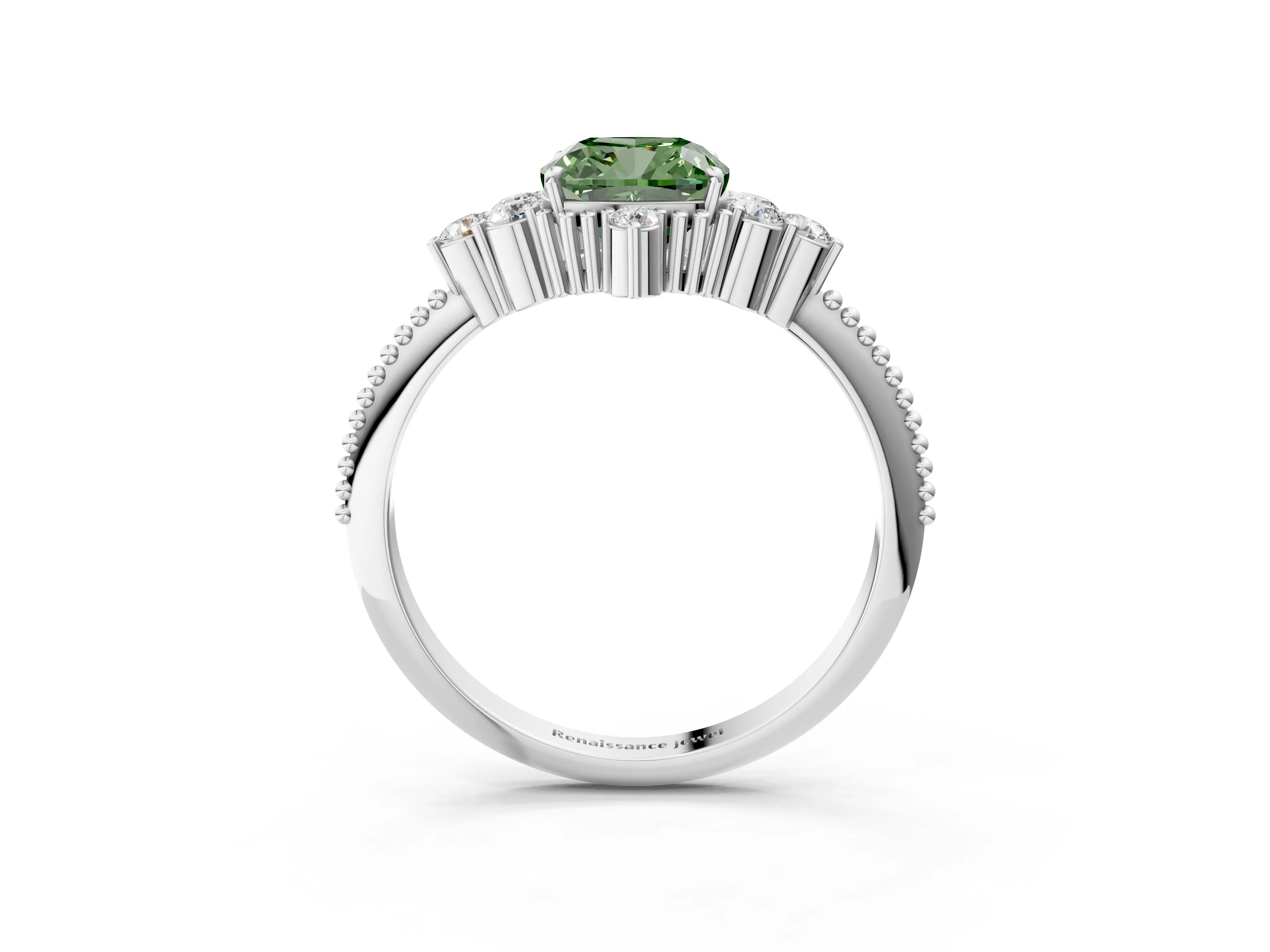 White gold Fancy Green Cushion Cut Brilliant Diamond with Cluster Setting on a Beaded Band and Four-Prong Setting_15