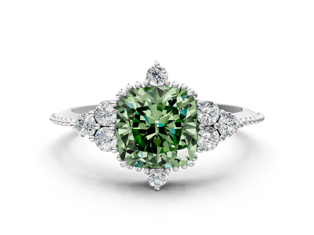White gold Fancy Green Cushion Cut Brilliant Diamond with Cluster Setting on a Beaded Band and Four-Prong Setting_21