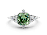 White gold Fancy Green Cushion Cut Brilliant Diamond with Cluster Setting on a Beaded Band and Four-Prong Setting_21