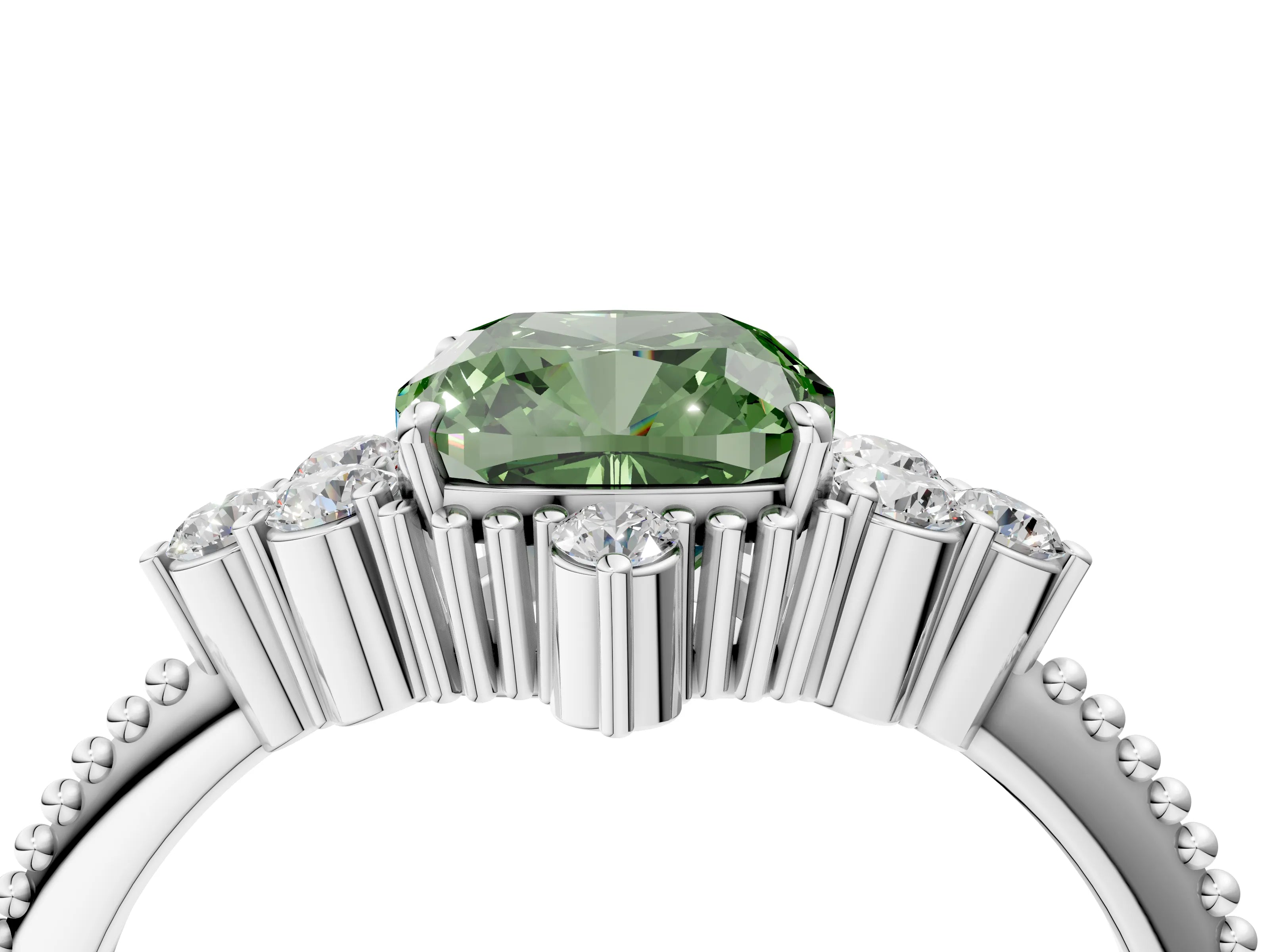 White gold Fancy Green Cushion Cut Brilliant Diamond with Cluster Setting on a Beaded Band and Four-Prong Setting_28