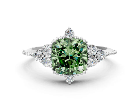 White gold Fancy Green Cushion Cut Brilliant Diamond with Cluster Setting on a Beaded Band and Four-Prong Setting_37
