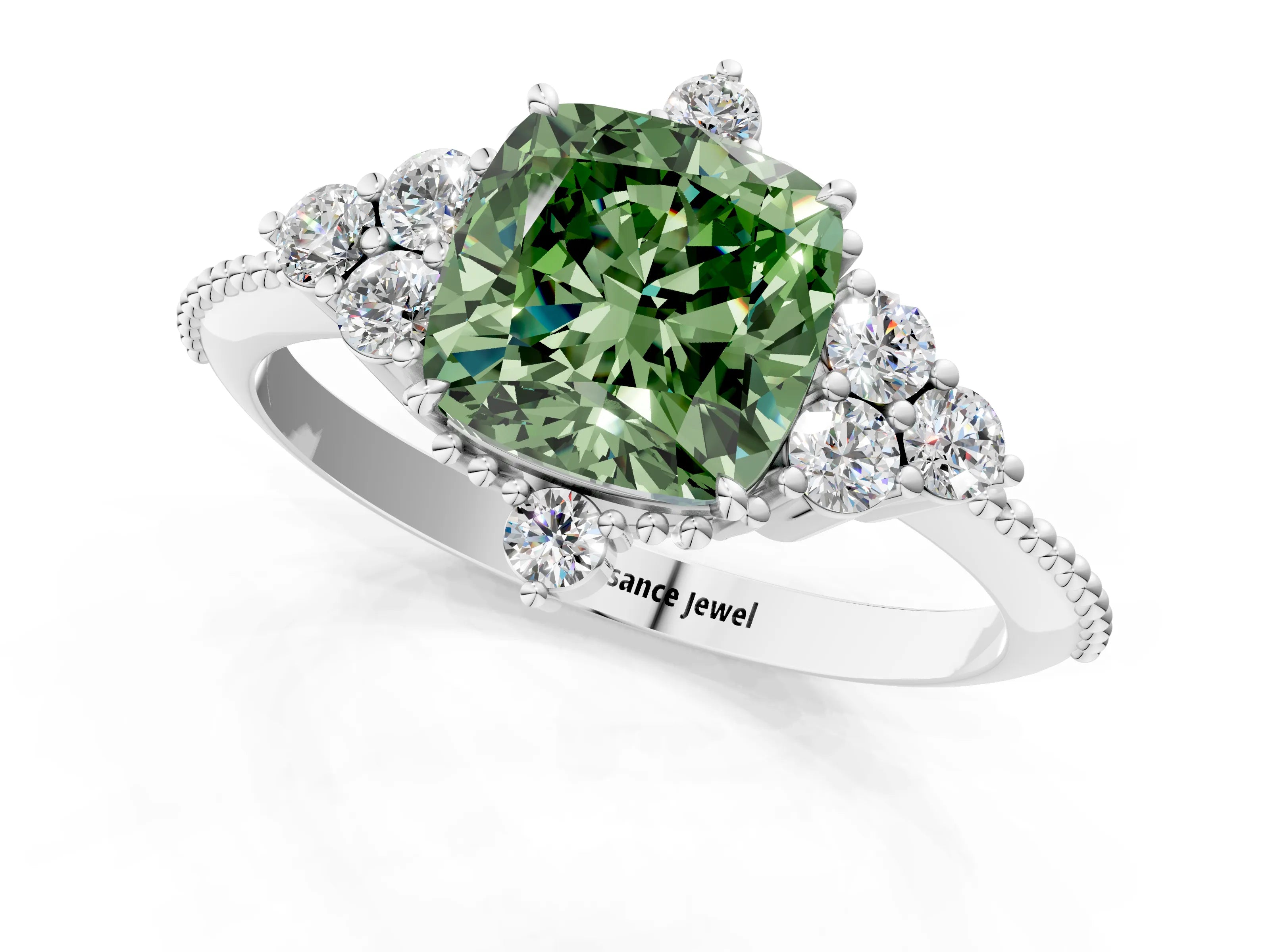 White gold Fancy Green Cushion Cut Brilliant Diamond with Cluster Setting on a Beaded Band and Four-Prong Setting_49