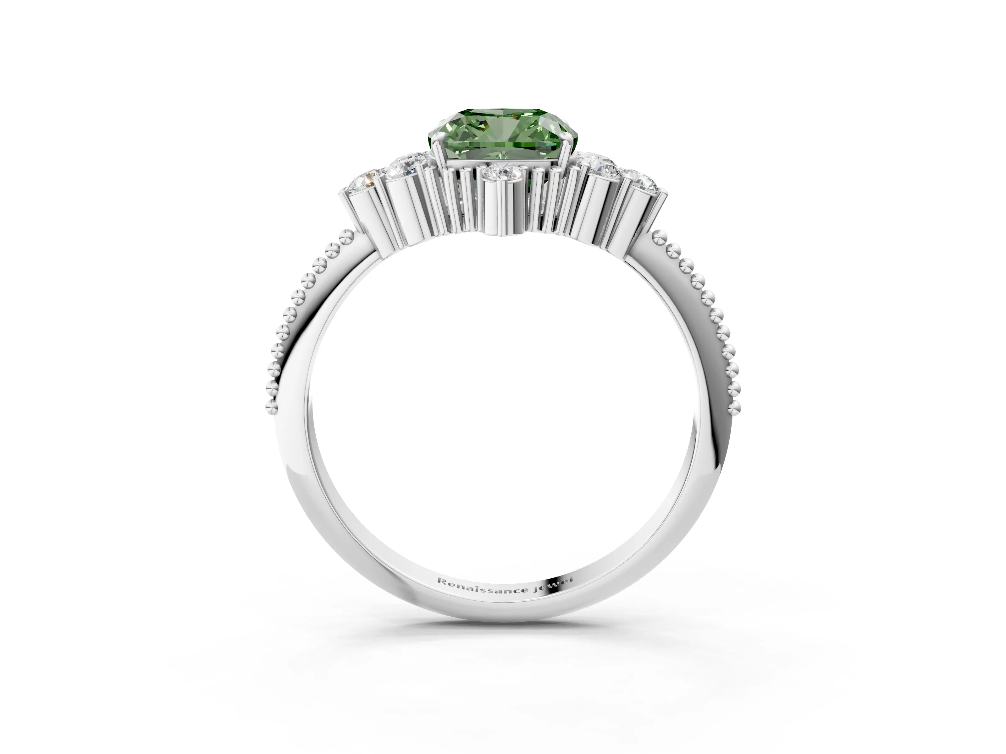 White gold Fancy Green Cushion Cut Brilliant Diamond with Cluster Setting on a Beaded Band and Four-Prong Setting_51