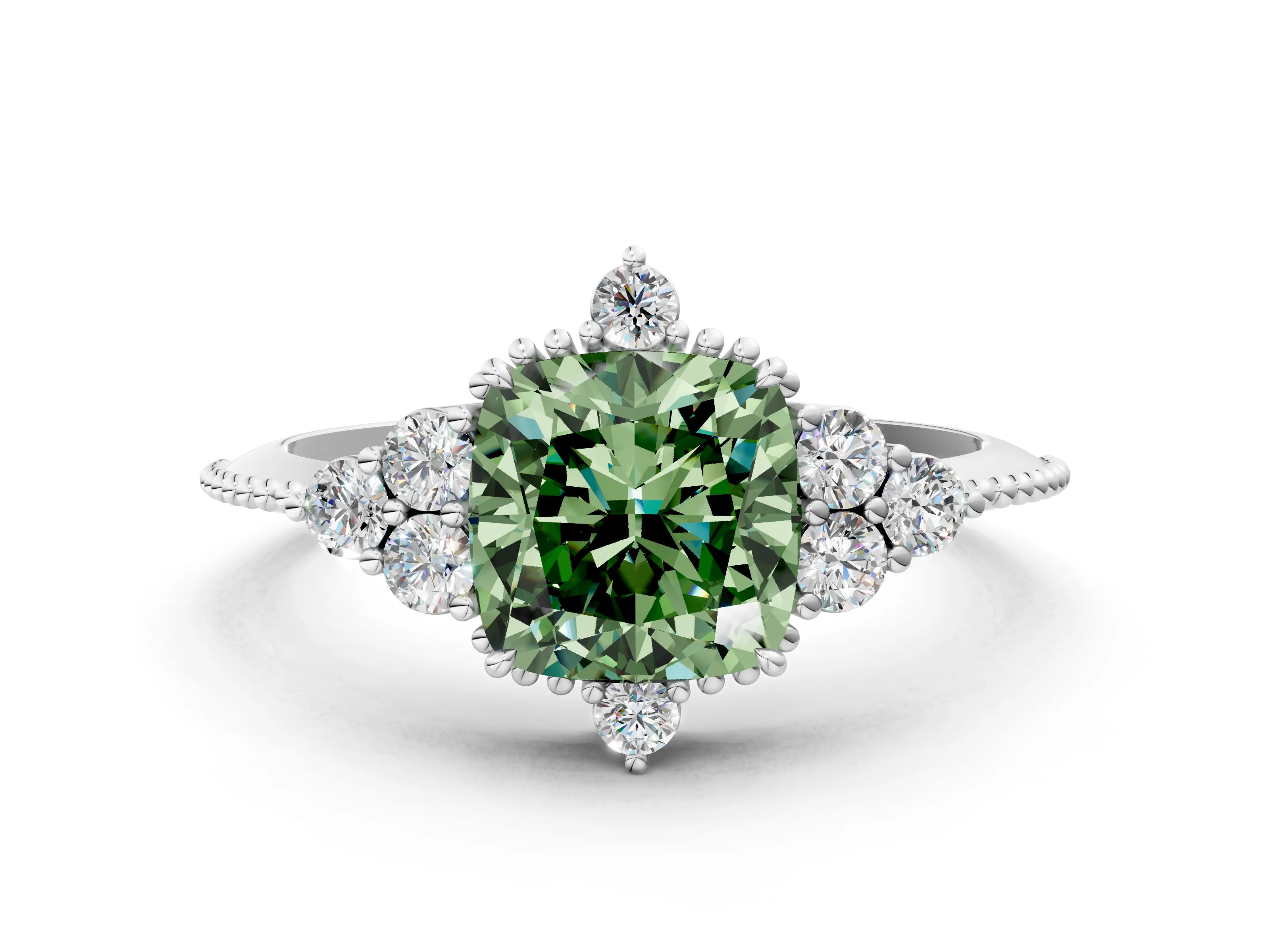 White gold Fancy Green Cushion Cut Brilliant Diamond with Cluster Setting on a Beaded Band and Four-Prong Setting_65