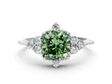 White gold Fancy Green Cushion Cut Brilliant Diamond with Cluster Setting on a Beaded Band and Four-Prong Setting_65