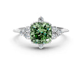 White gold Fancy Green Cushion Cut Brilliant Diamond with Cluster Setting on a Beaded Band and Four-Prong Setting_67