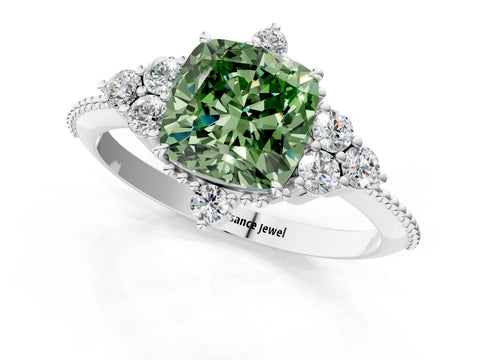 White gold Fancy Green Cushion Cut Brilliant Diamond with Cluster Setting on a Beaded Band and Four-Prong Setting_68