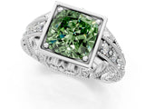White gold Fancy Green Cushion Cut Brilliant Milgrain Filigree Diamond Ring with Square Prong Setting_1