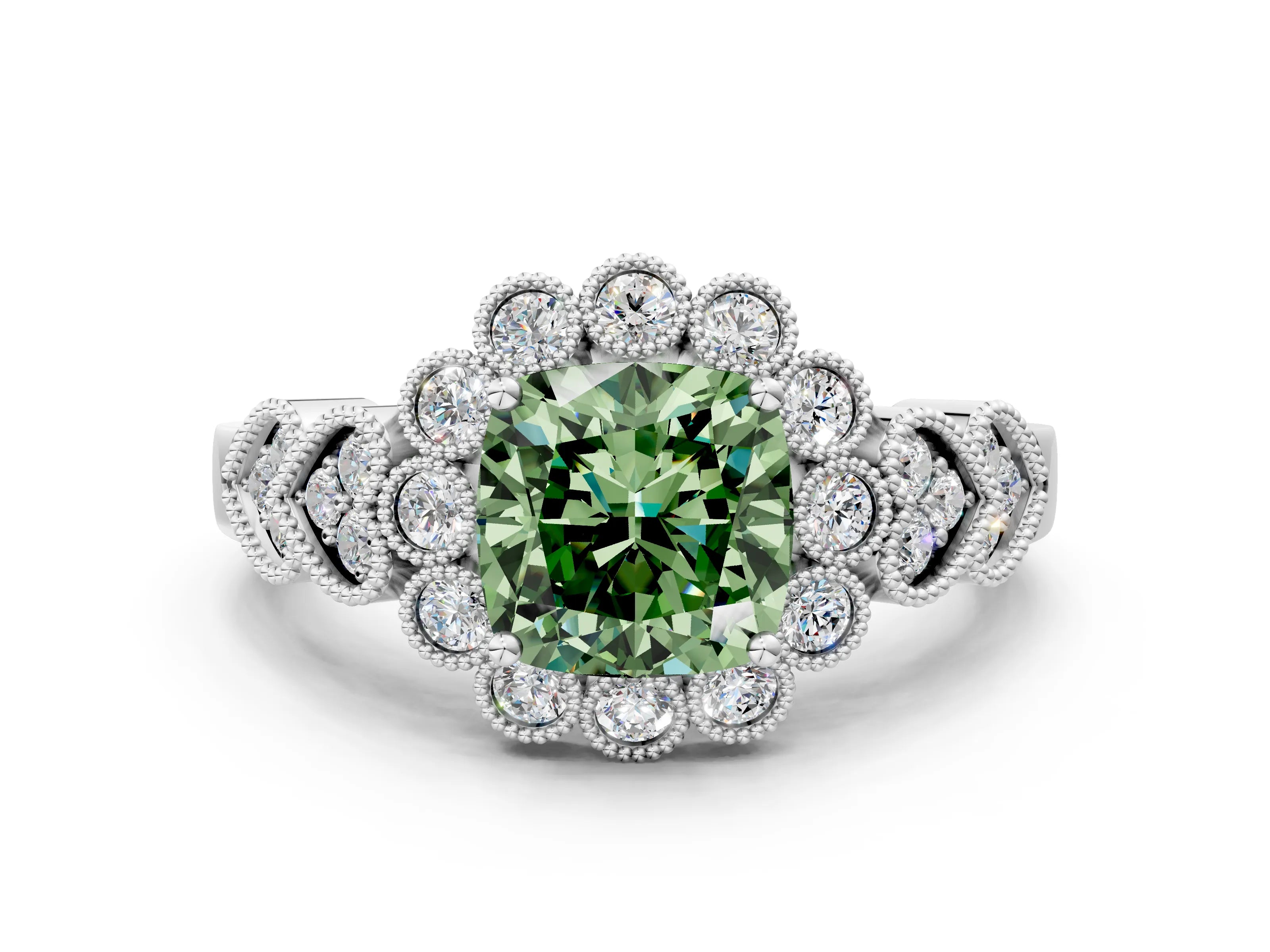 White gold Fancy Green Cushion Cut Brilliant Milgrain Pave Heart Band Solitaire Ring_12