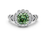 White gold Fancy Green Cushion Cut Brilliant Milgrain Pave Heart Band Solitaire Ring_12