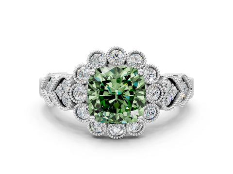 White gold Fancy Green Cushion Cut Brilliant Milgrain Pave Heart Band Solitaire Ring_12
