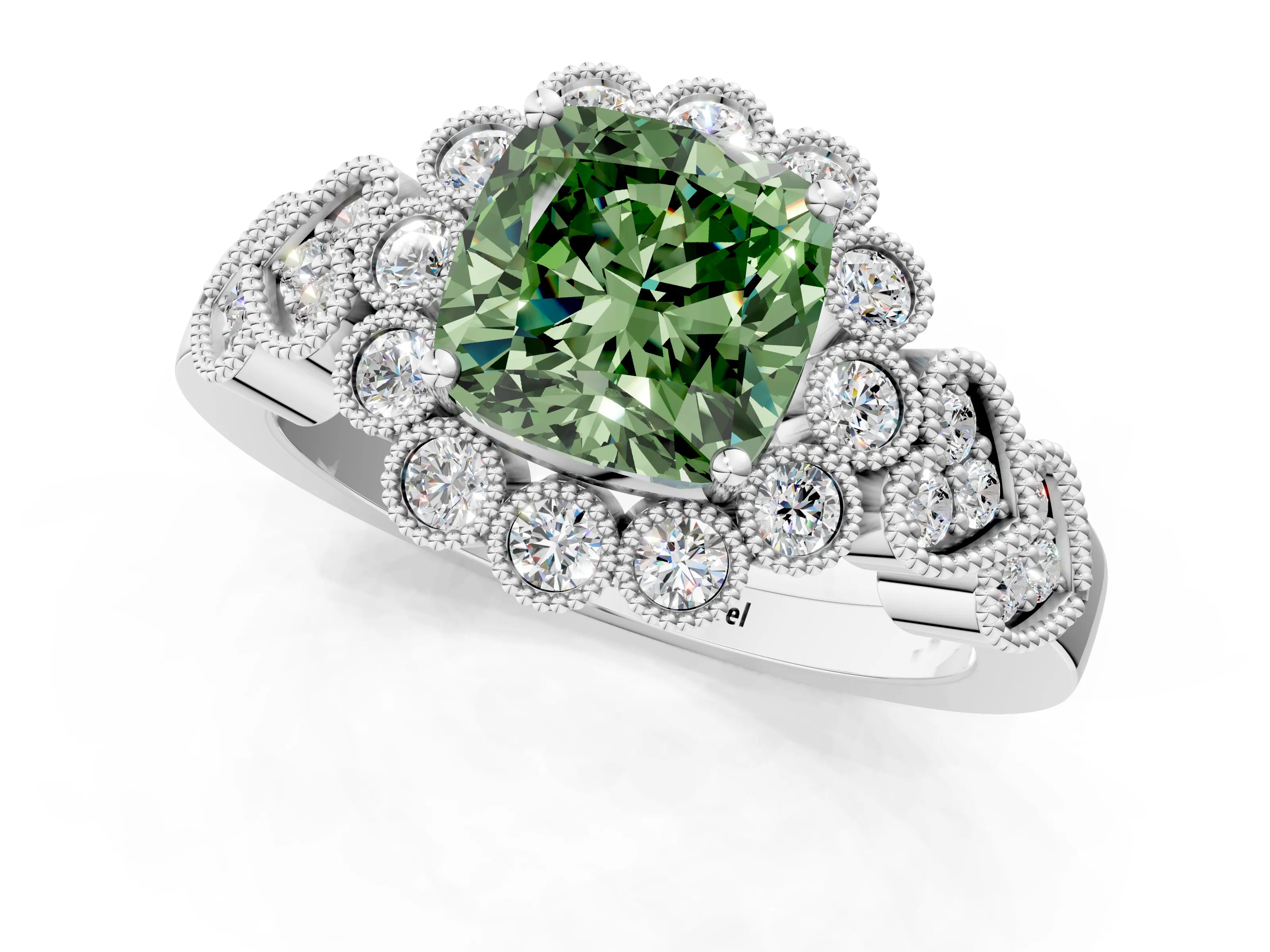White gold Fancy Green Cushion Cut Brilliant Milgrain Pave Heart Band Solitaire Ring_13