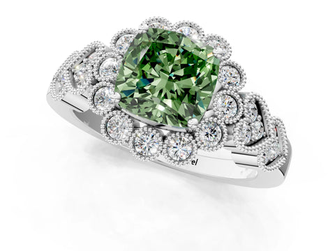 White gold Fancy Green Cushion Cut Brilliant Milgrain Pave Heart Band Solitaire Ring_13