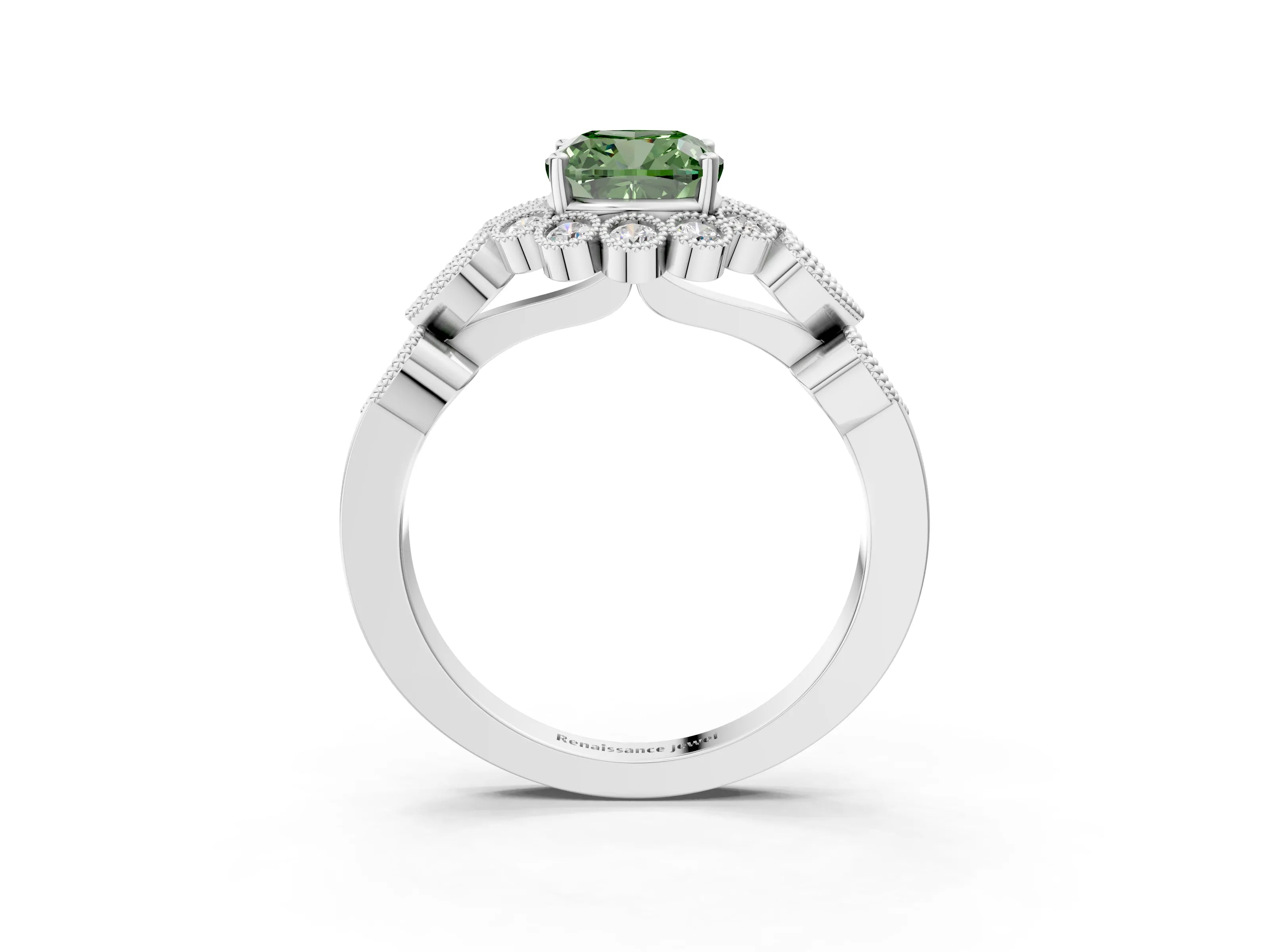 White gold Fancy Green Cushion Cut Brilliant Milgrain Pave Heart Band Solitaire Ring_15