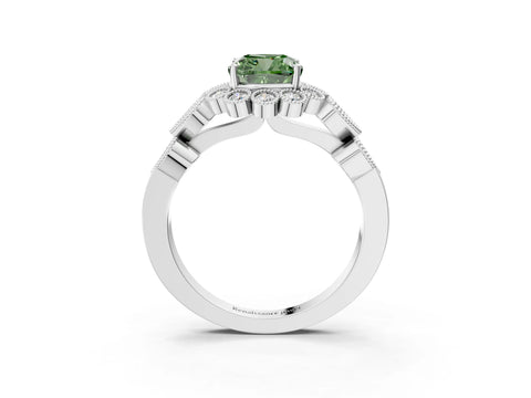 White gold Fancy Green Cushion Cut Brilliant Milgrain Pave Heart Band Solitaire Ring_15