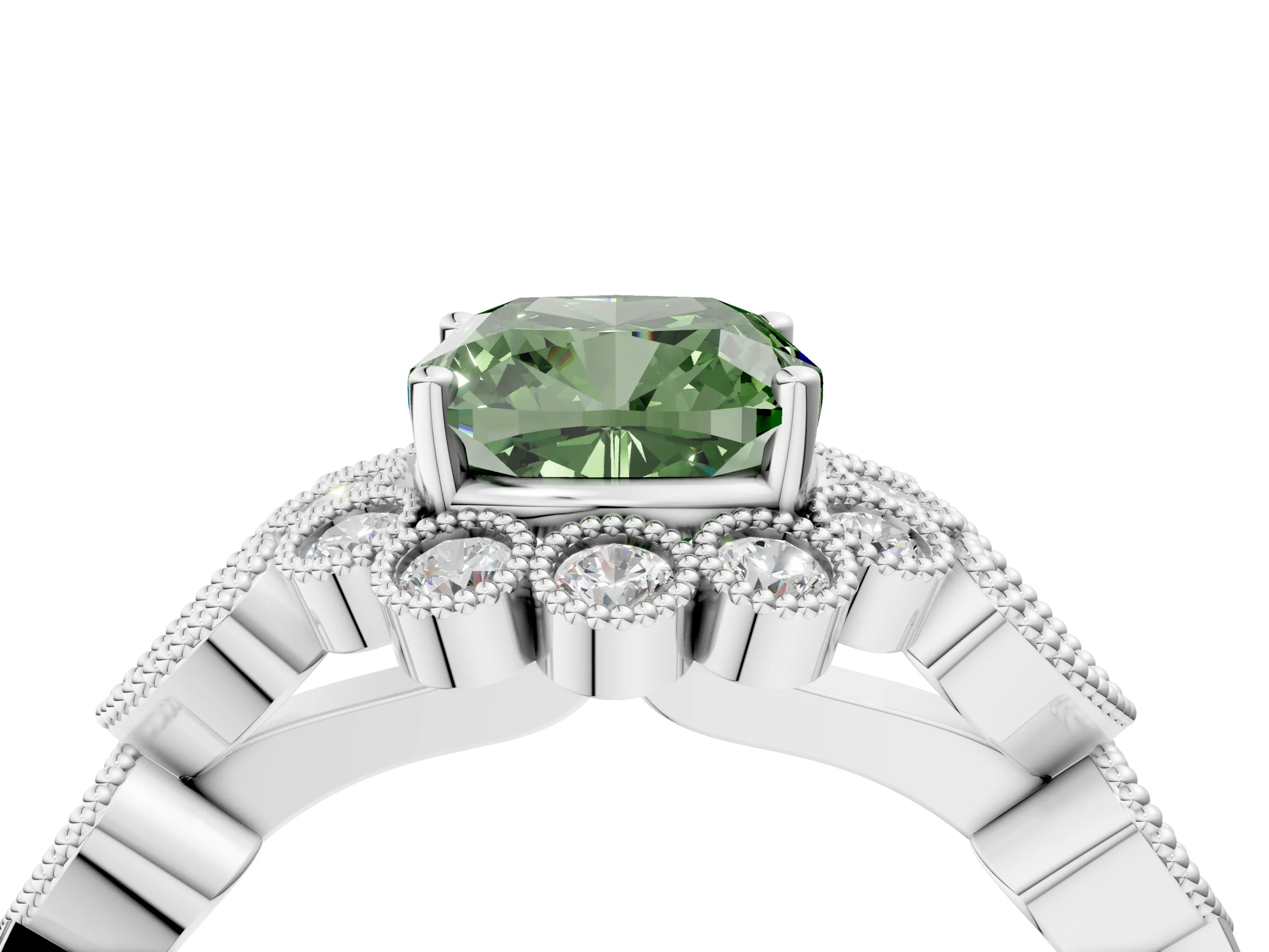 White gold Fancy Green Cushion Cut Brilliant Milgrain Pave Heart Band Solitaire Ring_16