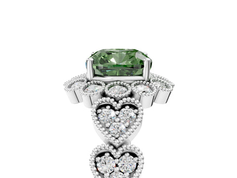 White gold Fancy Green Cushion Cut Brilliant Milgrain Pave Heart Band Solitaire Ring_17