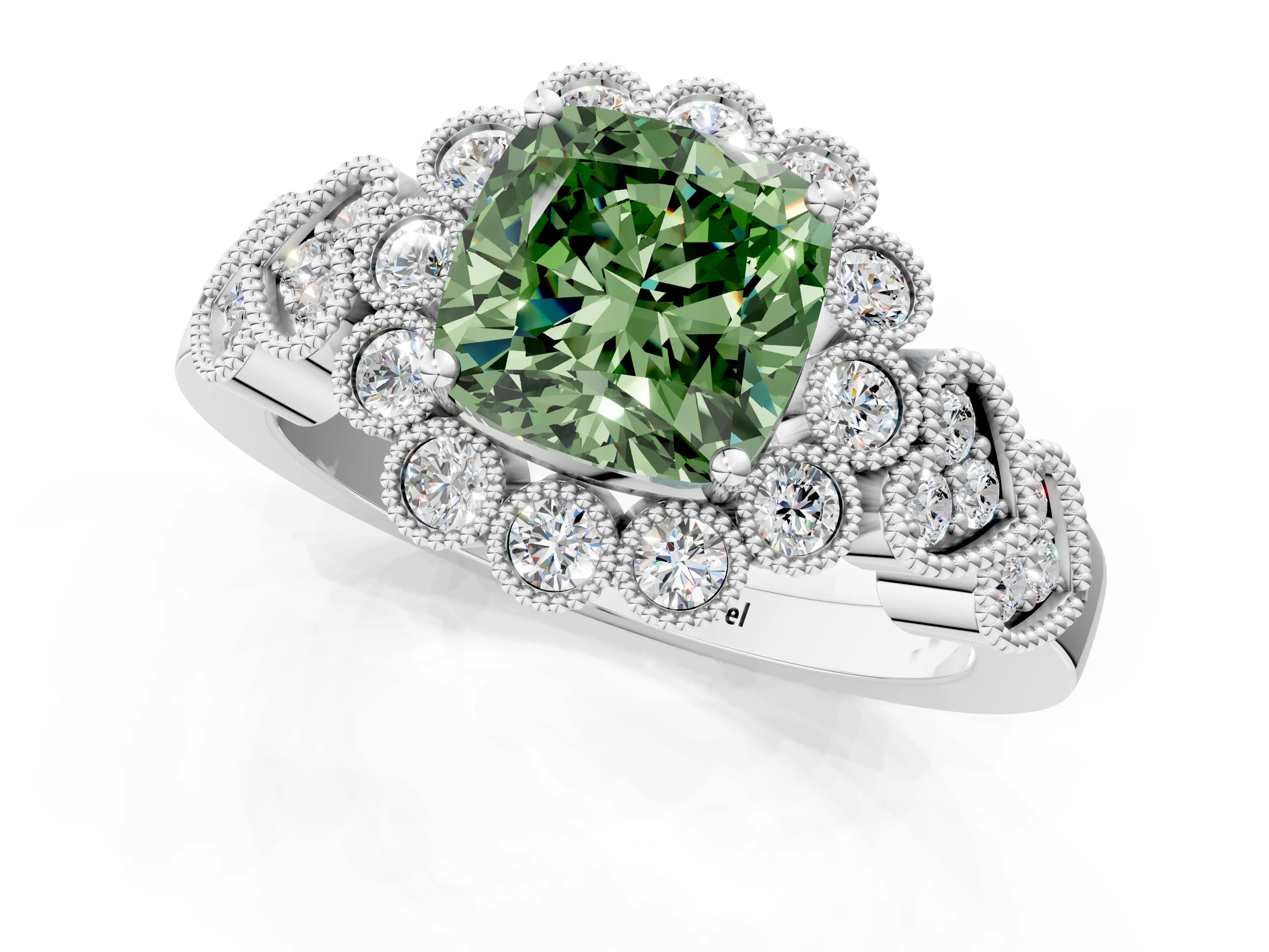 White gold Fancy Green Cushion Cut Brilliant Milgrain Pave Heart Band Solitaire Ring_1