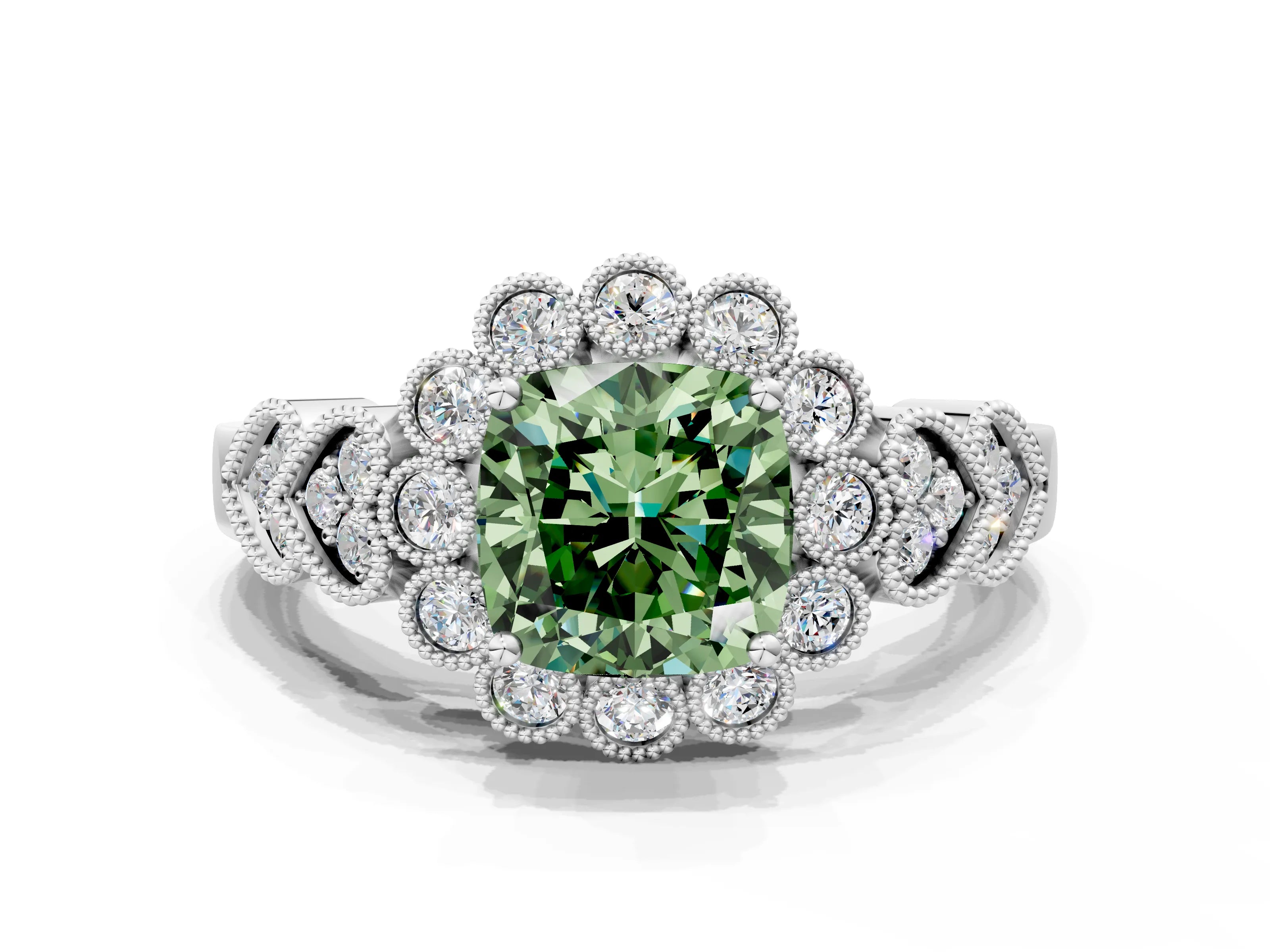 White gold Fancy Green Cushion Cut Brilliant Milgrain Pave Heart Band Solitaire Ring
