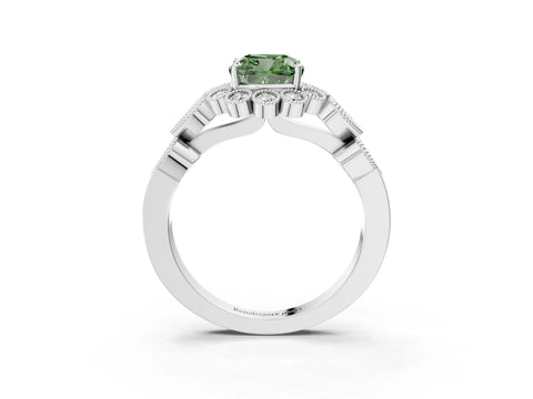 White gold Fancy Green Cushion Cut Brilliant Milgrain Pave Heart Band Solitaire Ring_3