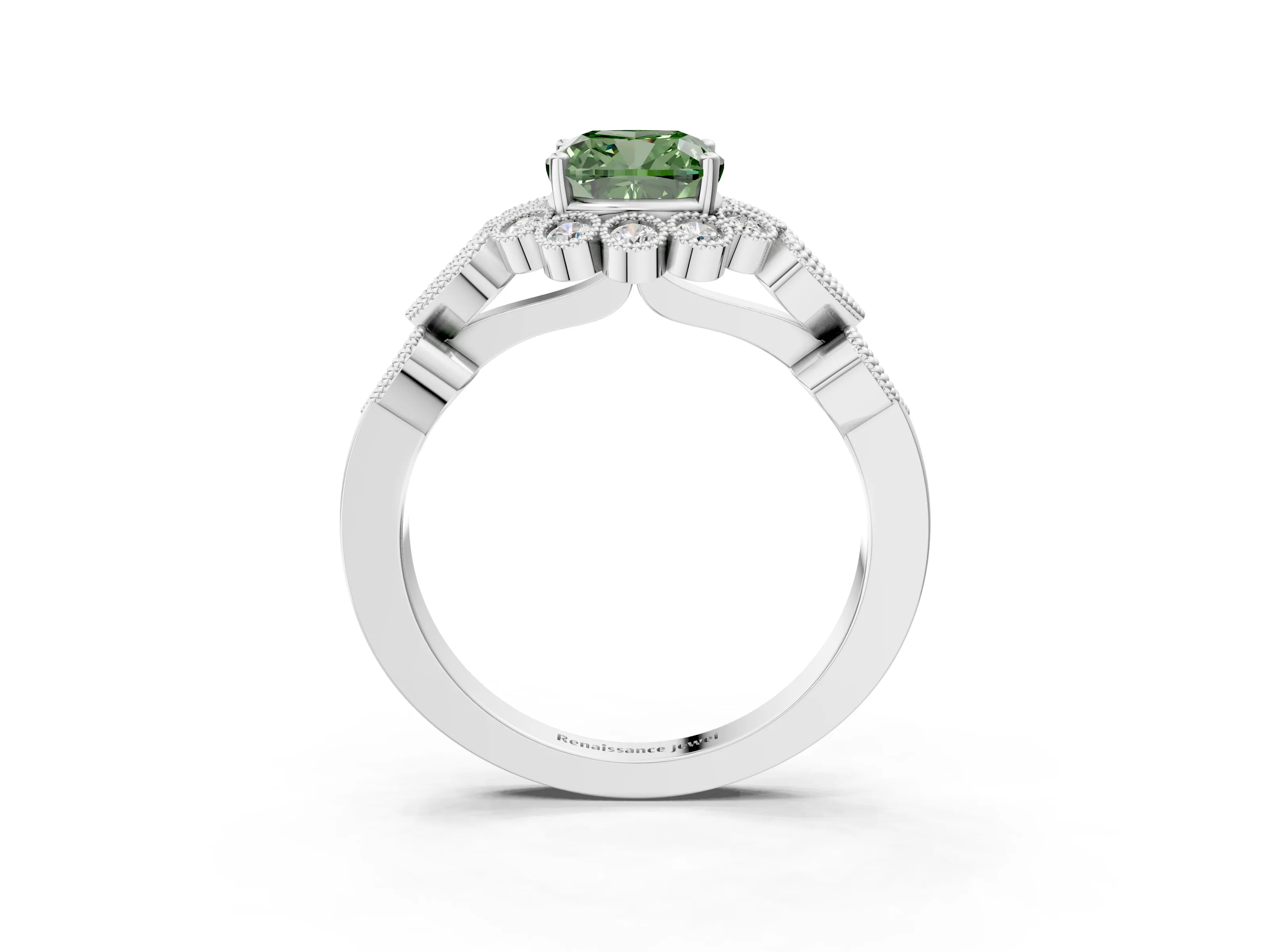 White gold Fancy Green Cushion Cut Brilliant Milgrain Pave Heart Band Solitaire Ring_3