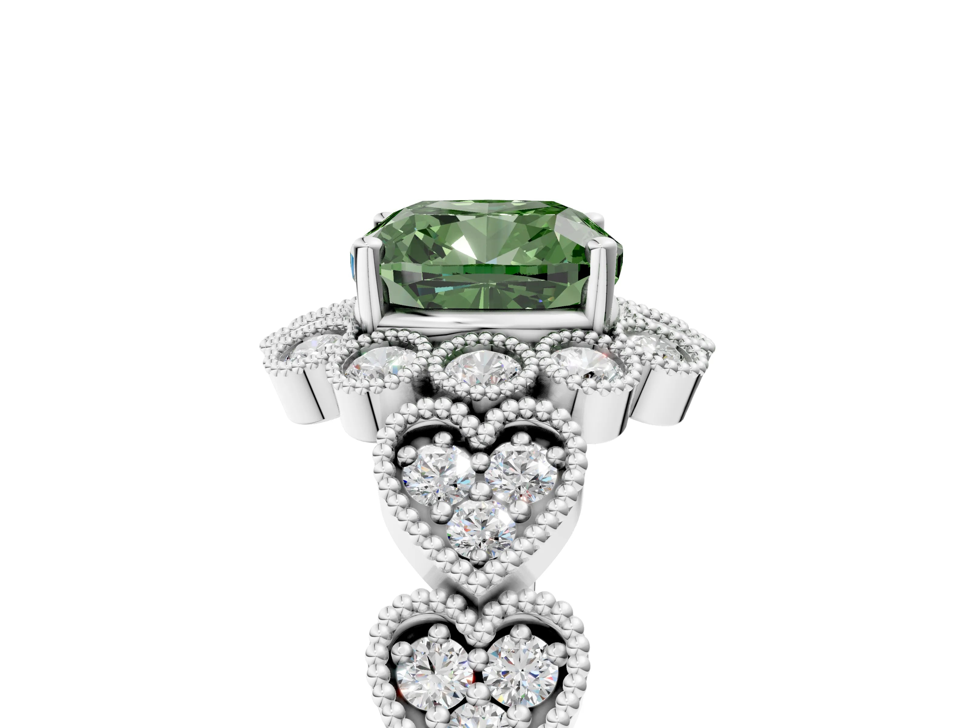 White gold Fancy Green Cushion Cut Brilliant Milgrain Pave Heart Band Solitaire Ring_5