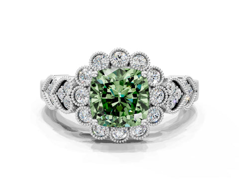 White gold Fancy Green Cushion Cut Brilliant Milgrain Pave Heart Band Solitaire Ring