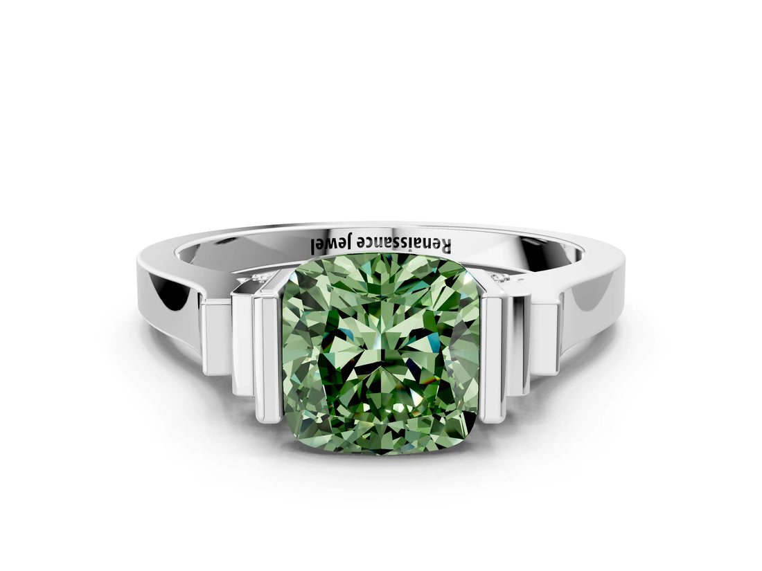 White gold Fancy Green Cushion Cut Brilliant Solitaire Diamond Ring with Channel Set Band and Bar Prong Setting_6