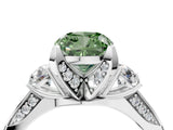 White gold Fancy Green Cushion Cut Brilliant Three-Stone Diamond Ring with Pavé Band and Four-Prong Setting_31
