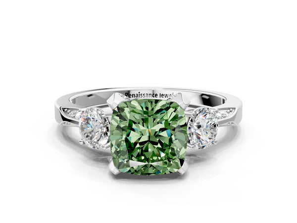 White gold Fancy Green Cushion Cut Brilliant Three-Stone Diamond Ring with Pavé Band and Four-Prong Setting