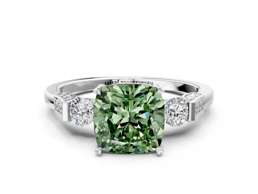 White gold Fancy Green Cushion Cut Brilliant Three-Stone Pave Band with Four-Prong Setting