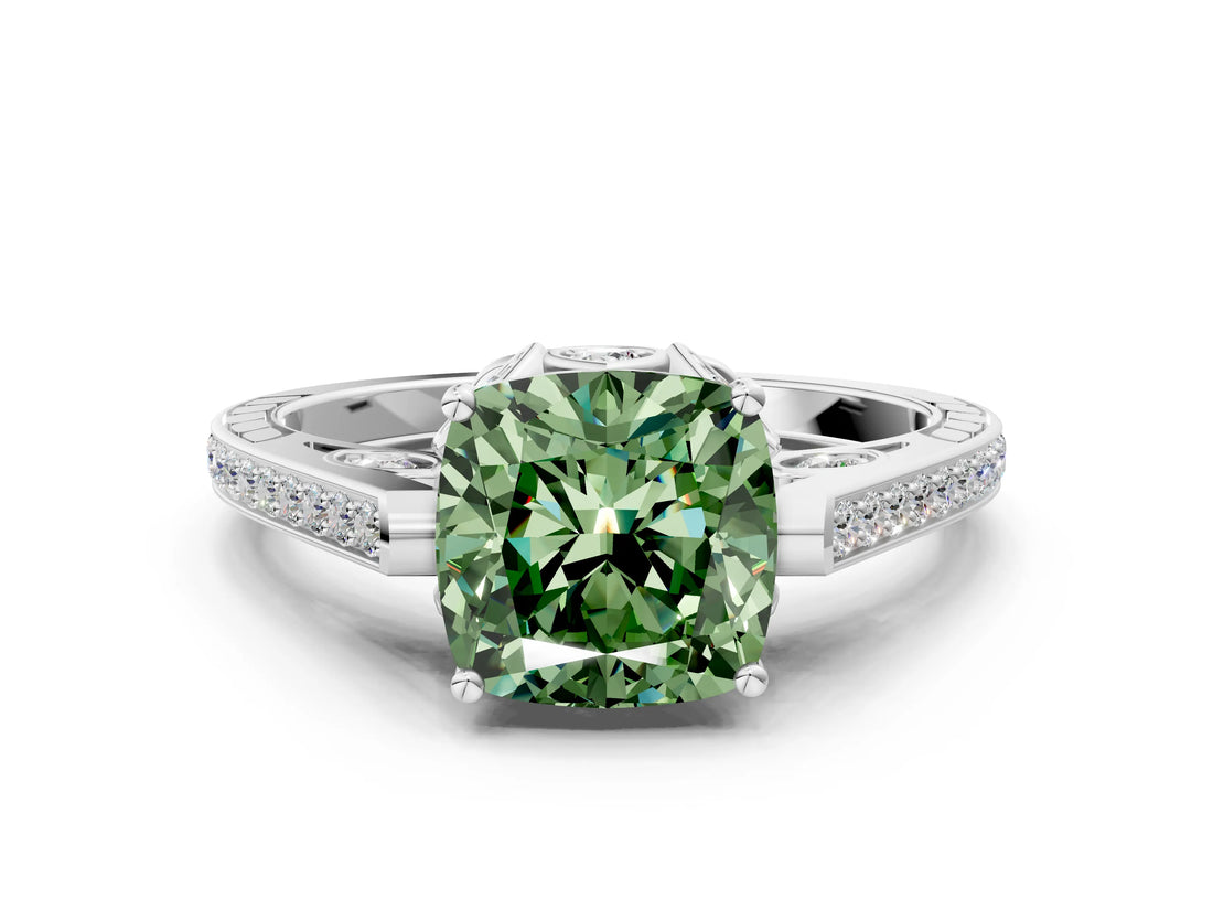White gold Fancy Green Cushion  Cut Cathedral Pave Diamond Engagement Ring with Six-Prong Setting_32