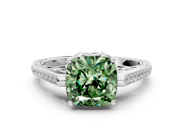 White gold Fancy Green Cushion  Cut Cathedral Pave Diamond Engagement Ring with Six-Prong Setting