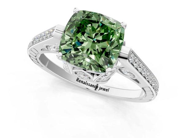 White gold Fancy Green Cushion  Cut Cathedral Pave Diamond Engagement Ring with Six-Prong Setting