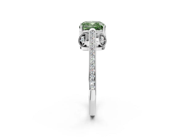 White gold Fancy Green Cushion  Cut Cathedral Pave Diamond Engagement Ring with Six-Prong Setting
