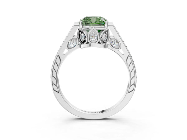 White gold Fancy Green Cushion  Cut Cathedral Pave Diamond Engagement Ring with Six-Prong Setting