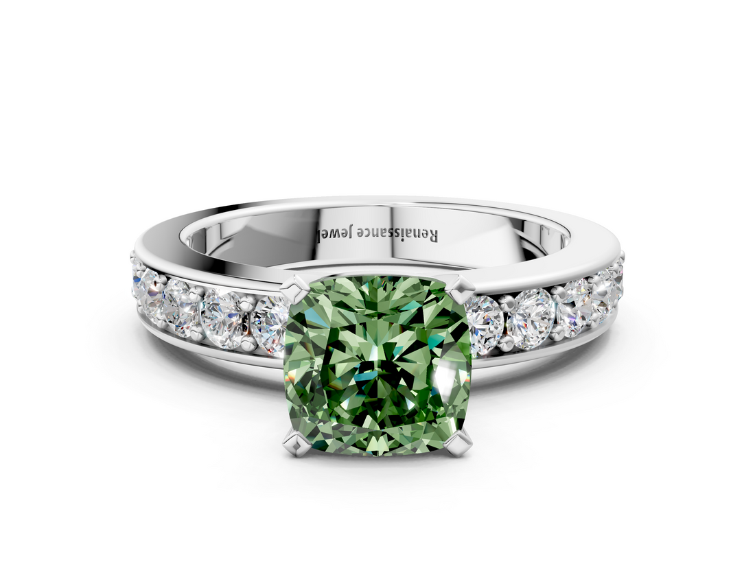 White gold Fancy Green Cushion  Cut Channel Set Diamond Engagement Ring with Four-Prong Setting_251