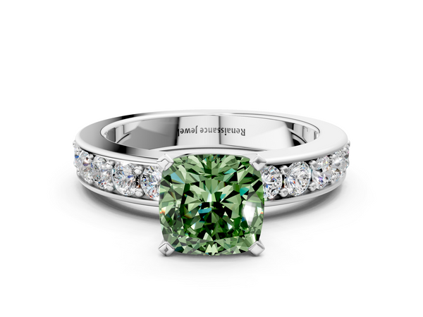 White gold Fancy Green Cushion  Cut Channel Set Diamond Engagement Ring with Four-Prong Setting