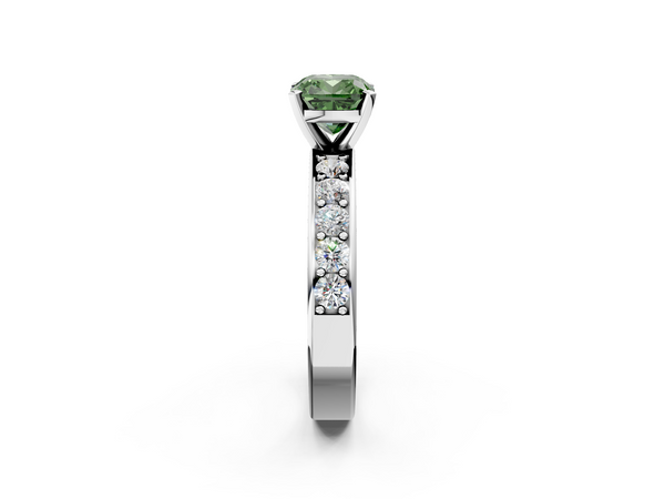 White gold Fancy Green Cushion  Cut Channel Set Diamond Engagement Ring with Four-Prong Setting