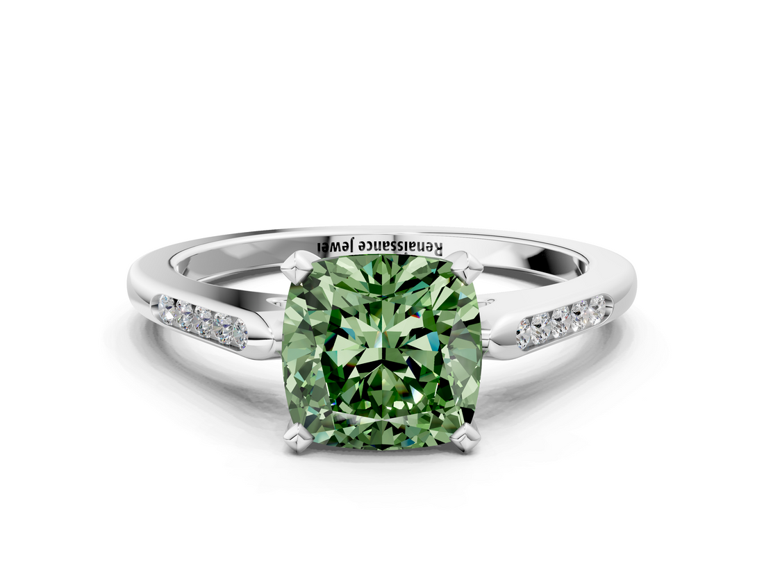White gold Fancy Green Cushion  Cut Channel Set Solitaire Engagement Ring with Four-Prong Setting_231