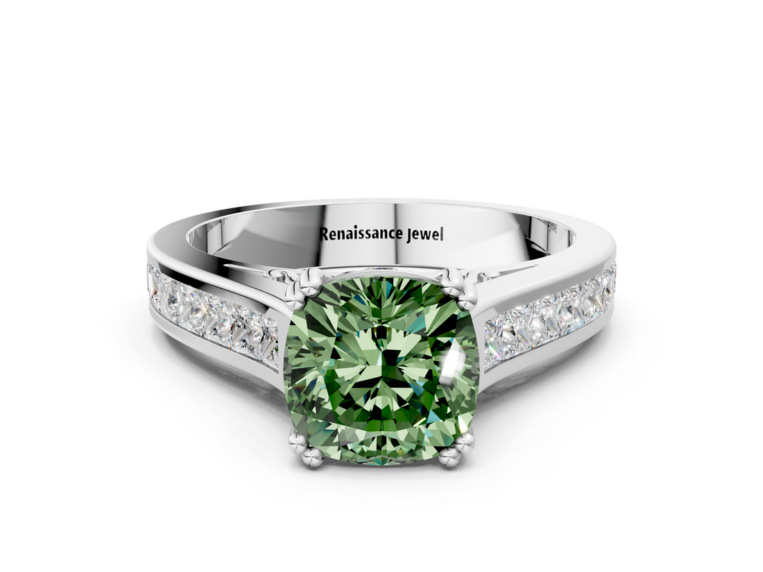 White gold Fancy Green Cushion  Cut Channel Set Solitaire Engagement Ring with Prong Setting_20