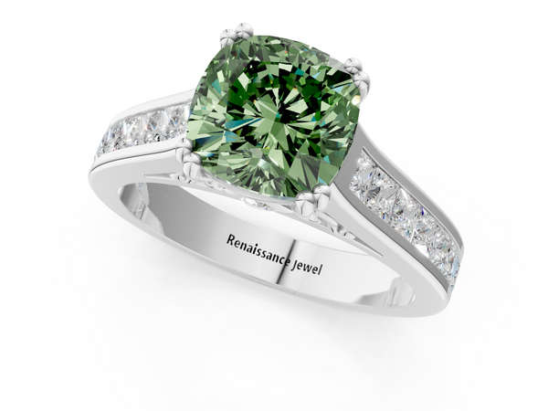 White gold Fancy Green Cushion  Cut Channel Set Solitaire Engagement Ring with Prong Setting