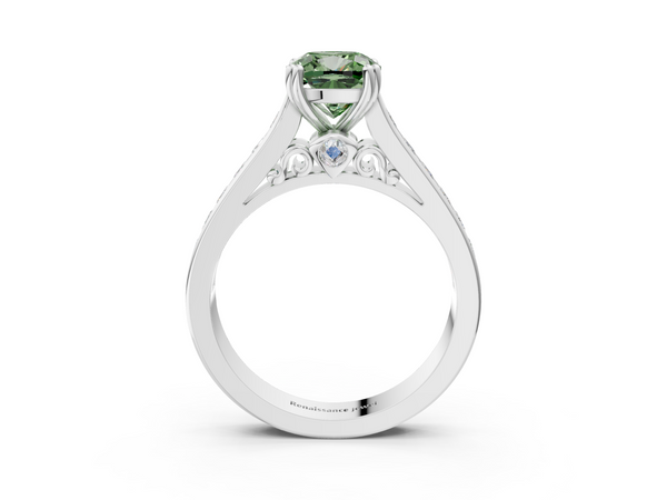 White gold Fancy Green Cushion  Cut Channel Set Solitaire Engagement Ring with Prong Setting