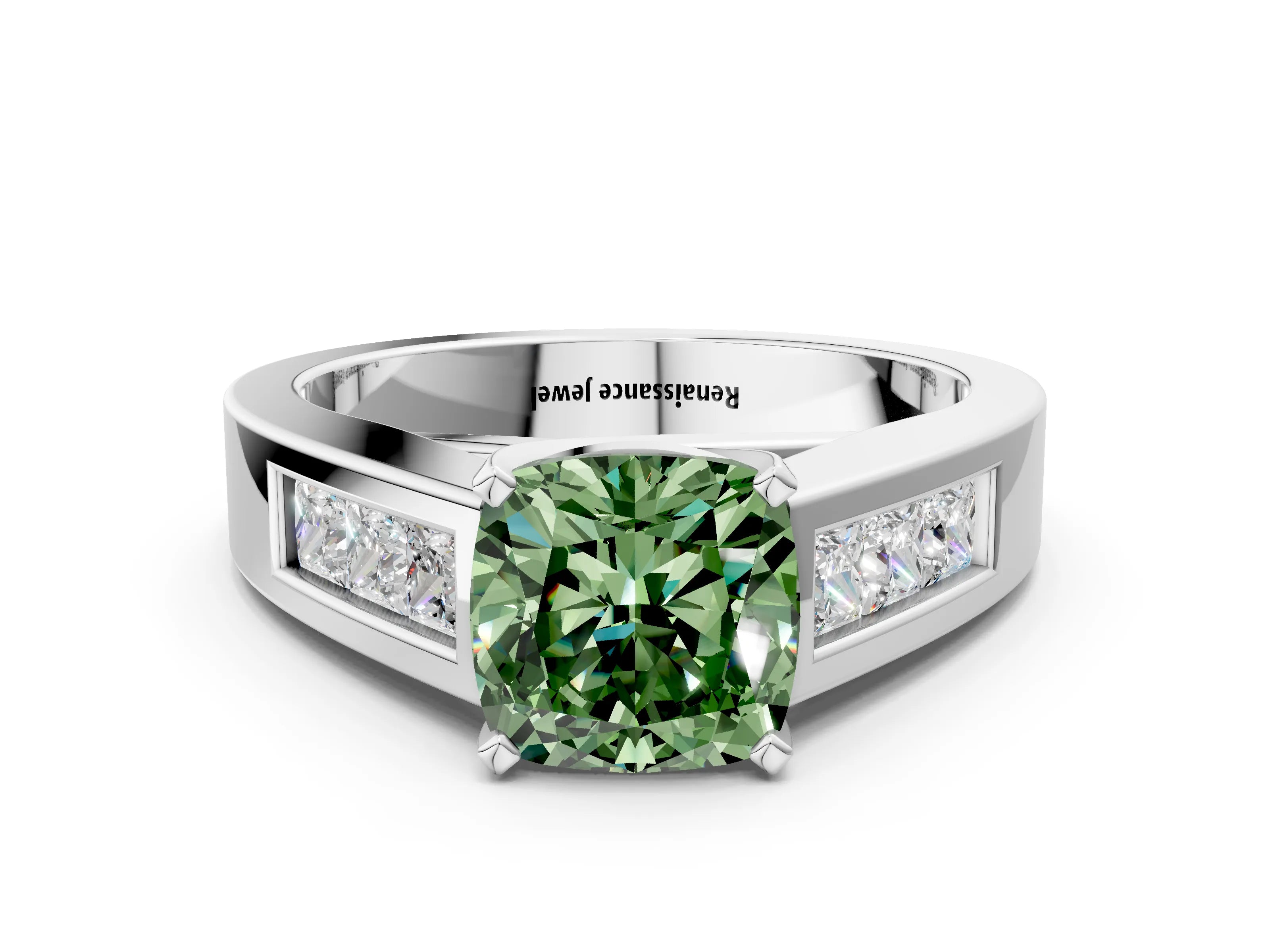 White gold Fancy Green Cushion Cut Cut Channel Set Solitaire Ring with Four-Prong Setting